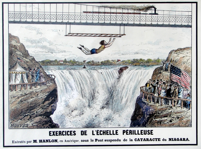 Exercices De L'Echelle Perilleuse. Executes par M. Hanlon, en Amerique, sous le Pont suspendu de….
