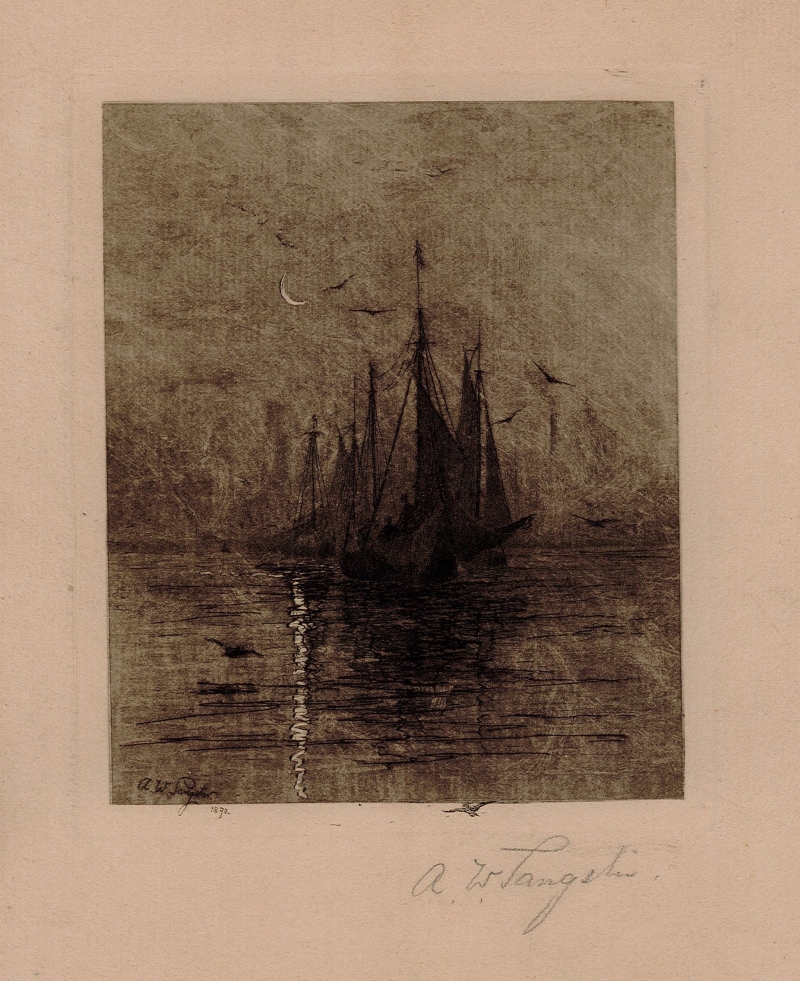 Untitled [Schooners and Crescent Moon]