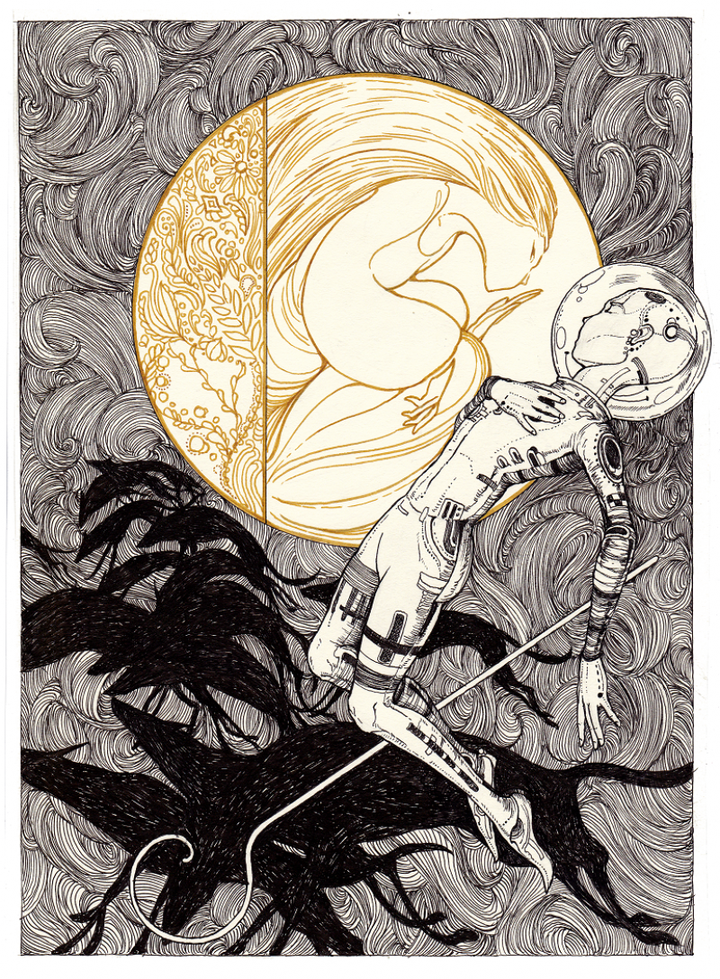Jessica Gadra, Selene and Endymion. 2024. pen, ink and watercolor.