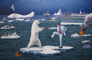 Betsy Potter, Polar Bear and Man, 2009, oil on canvas, 40 x 60 in.