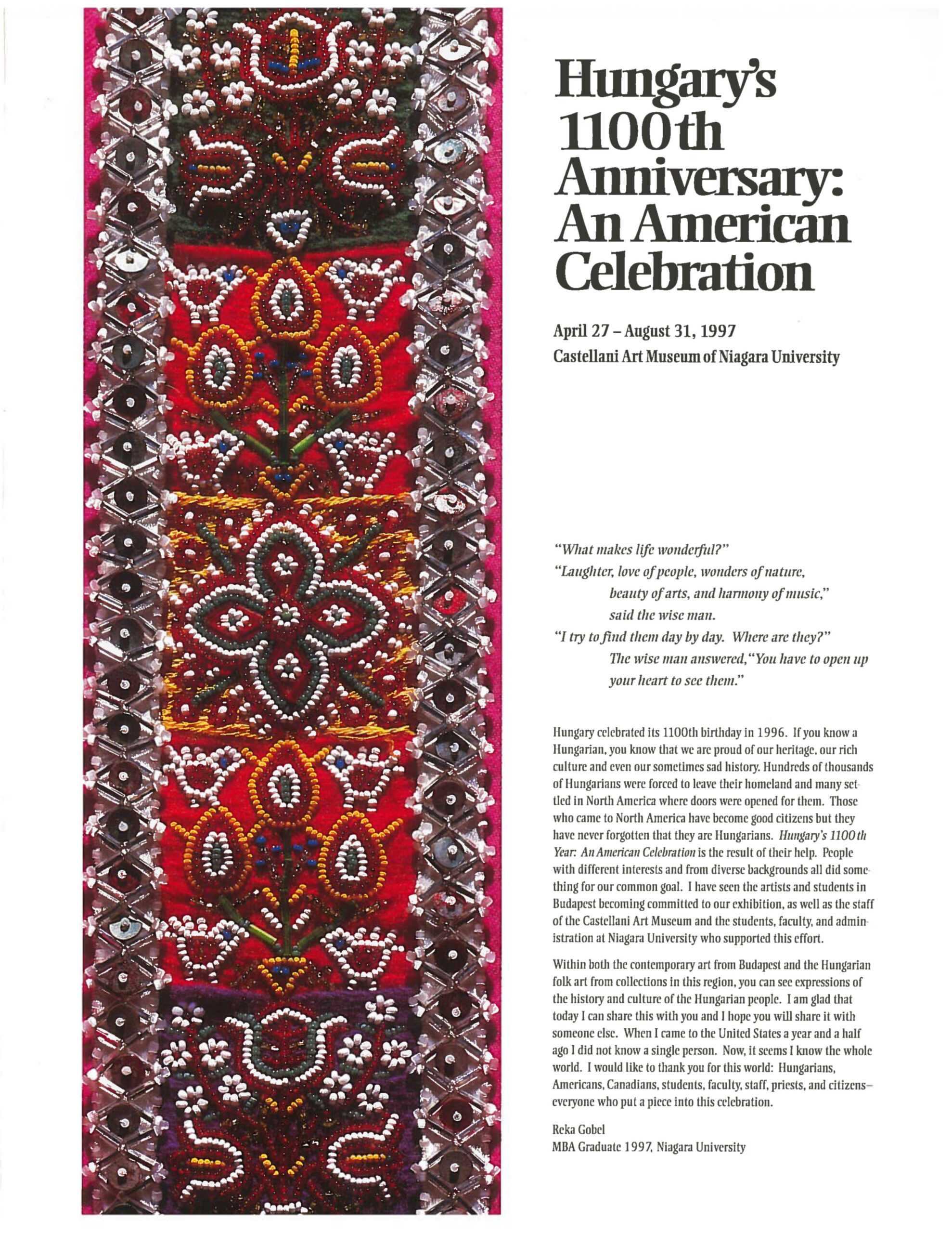 On the left, a cloth design. On the right, text advertising the exhibition.
