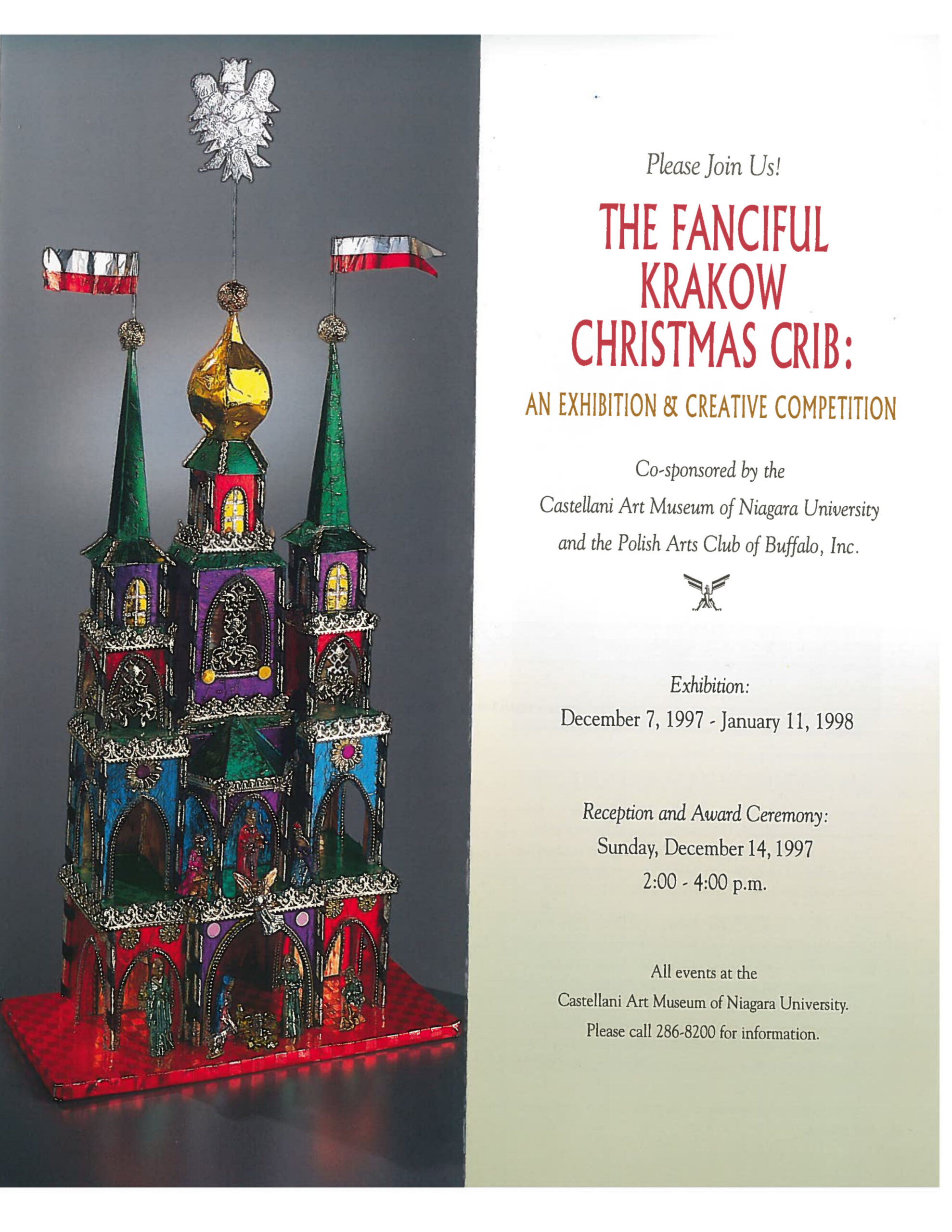 On the left, a Krakow Christmas Crib design. On the right, text advertising the Exhibition at the Castellani Art Museum.