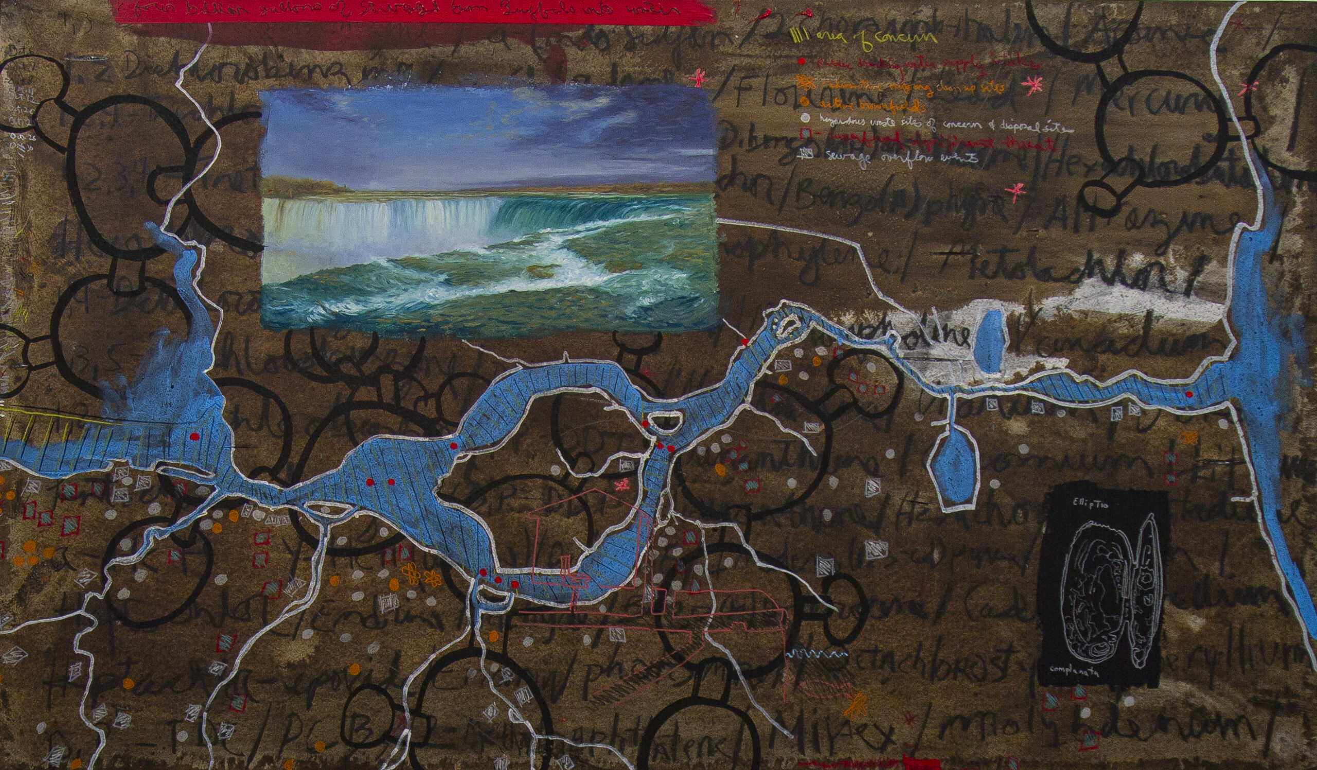 Biological Regionalism: Water of the Niagara River, 2022. 42 x 72 inches. Niagara River water, walnut ink, oils, acrylic, marker, pastels, gouache, and charcoal on Lanaquarelle paper on board. All works in the exhibition are courtesy of the artist.