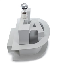 Nancy Dwyer, Bright Idea, 1991, painted aluminum, light bulb fixture, light bulb and caster wheels, edition 5/40, 16 x 15 x 16 in, Promised Gift of Gerald C. Mead, jr.