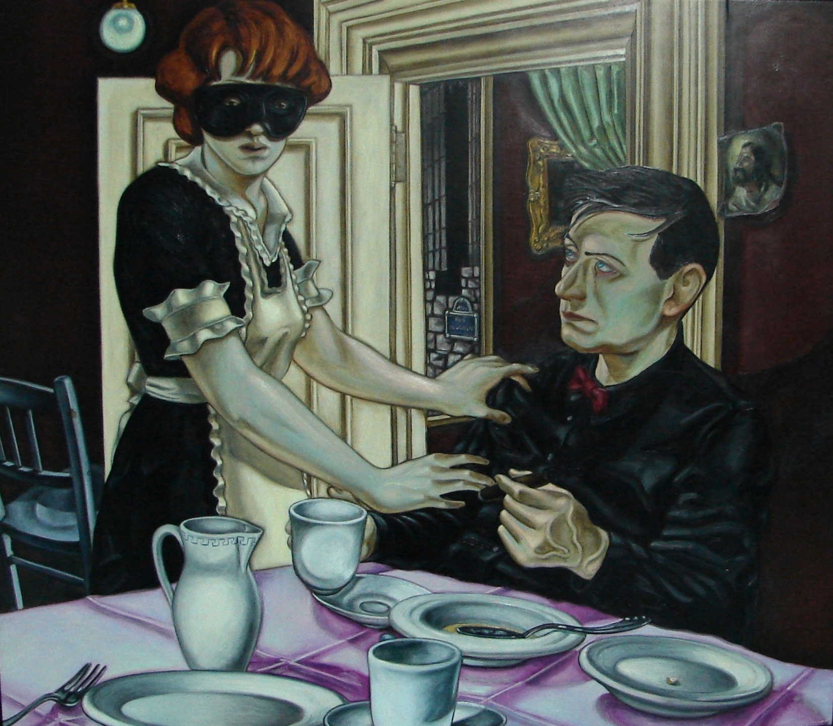 Jed Jackson, Courage Mon Ami le diable et mort (Courage my Friend the Devil and Death), 1987, oil on wood, 18 x 21 in. Castellani art Museum of Niagara University Collection,Gift of the Artist, 2009