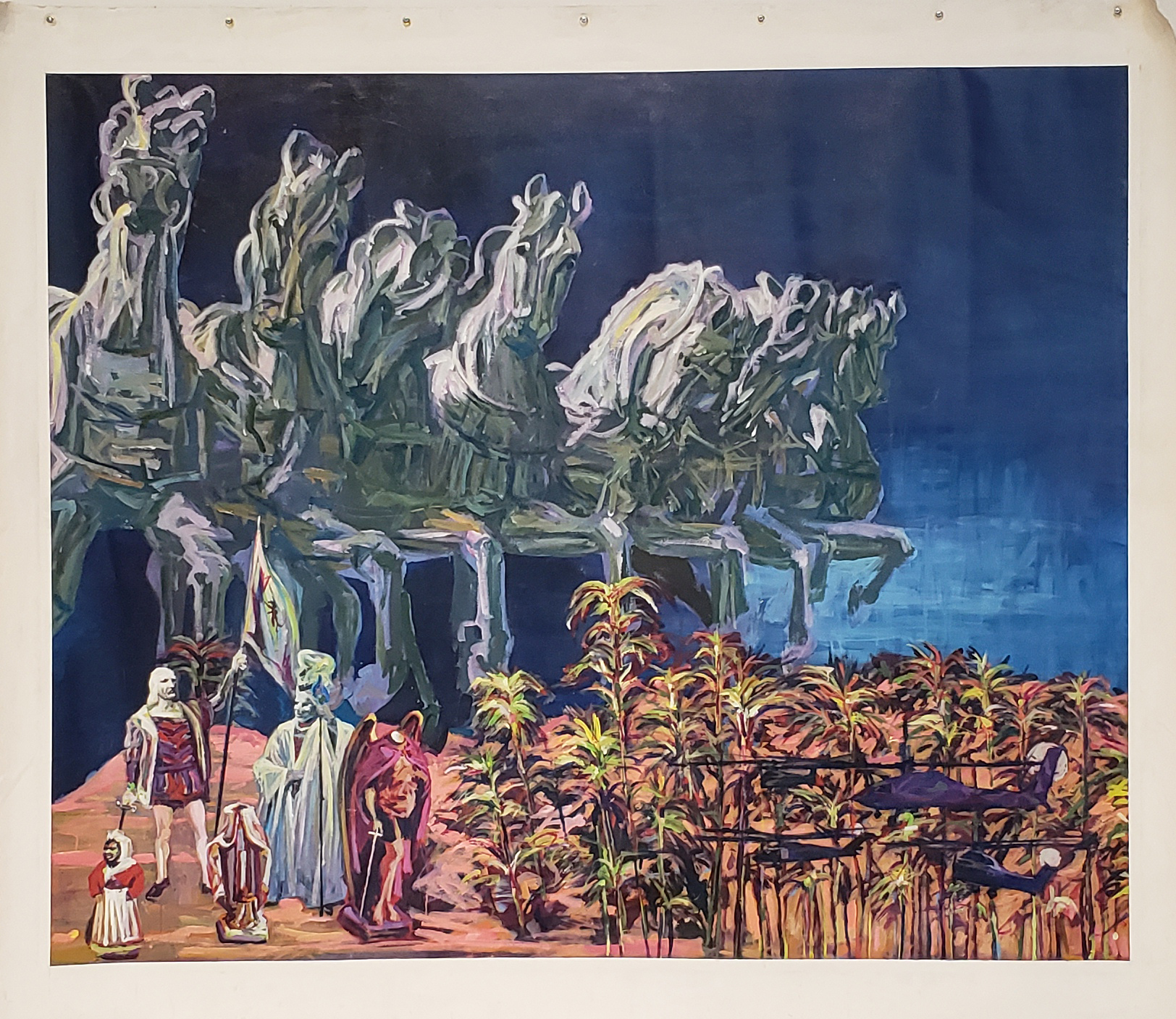 Arnold Mesches, American - 1923-2016, Anomie 1942: Poonta, Bombay, 1990, acrylic on canvas, 91 1/2 x 113 in., Collection of the Castellani Art Museum of Niagara University, Gift of the Castellani Family, 2019