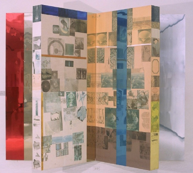 Robert Rauschenberg (American, 1925 - 2008), Atlas Colonnade, Jr., 1979, Solvent transfer on fabric collage with mirrors on wood, 96 x 117-1/2 x 41 inches. Castellani Art Museum of Niagara University Collection, Gift of Dr. and Mrs. Armand J. Castellani, 1999.
