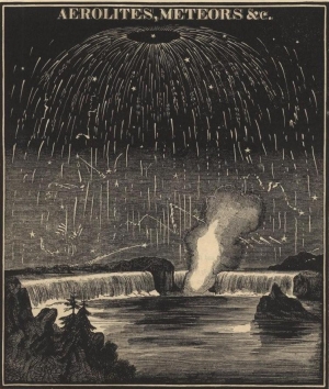 Asa Smith, View of the Meteoric Shower, As Seen At Niagara Falls On The Night of the 12th & 13th of November 1833, Smith's Illustrated Astronomy, Designed for the Use of the Public or Common Schools in the United States: New York, 1863, wood engraving. Castellani Purchase Fund, 2009.