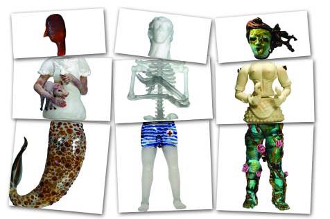 A series of photos of made-up heads, torsos and legs.