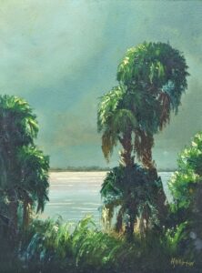 A painting of tropical trees on a coast