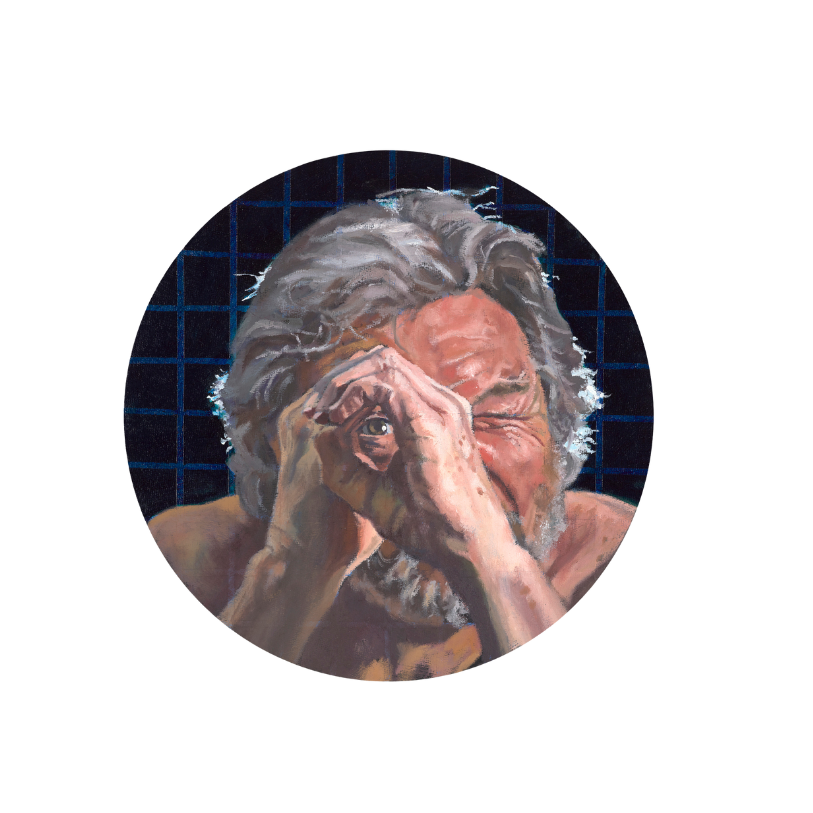 gary l. wolfe, (American, born 1950), 01000111 01010111, 2019, oil on canvas on board with mini surveillance camera, Courtesy of the Artist